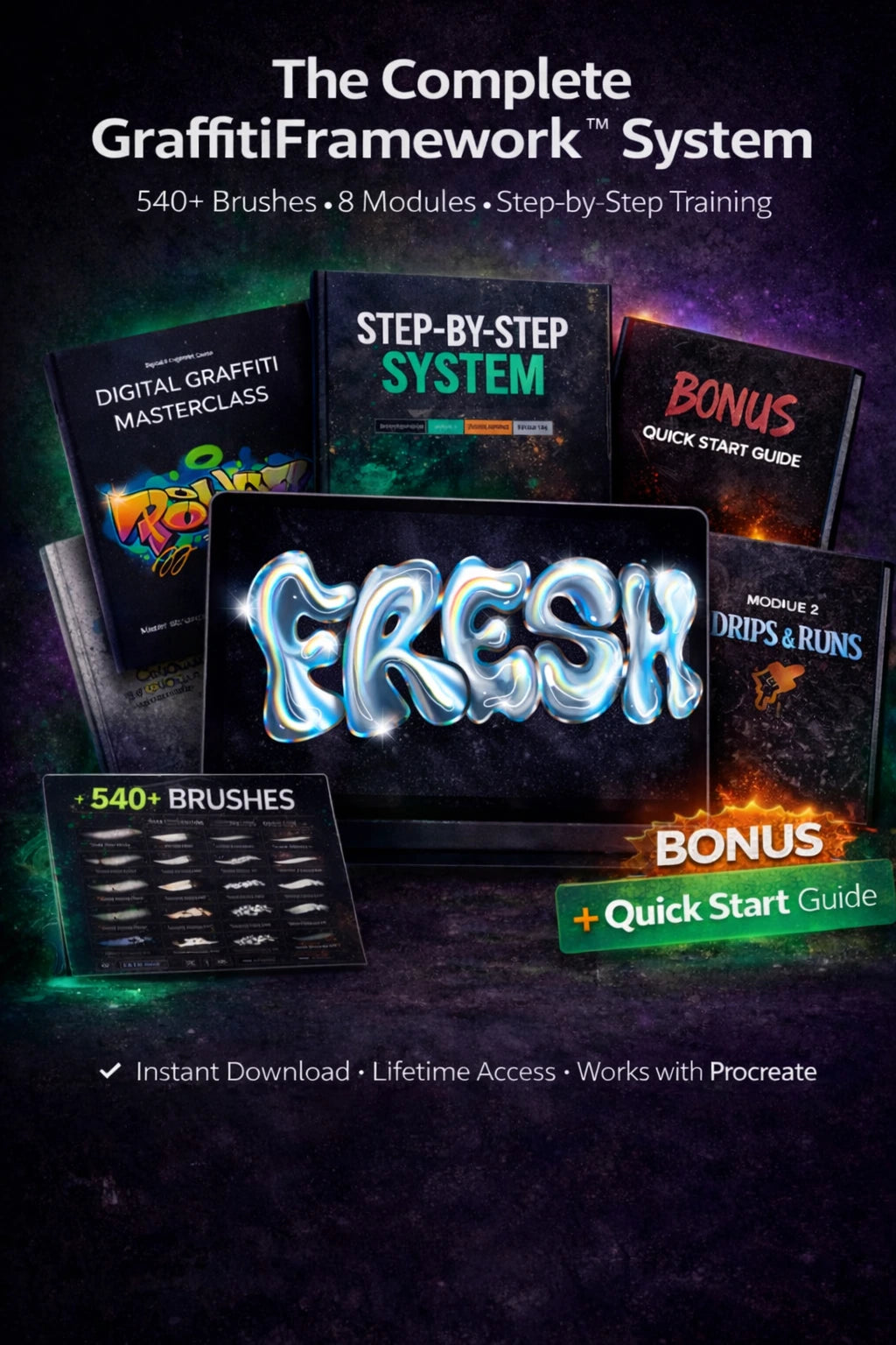 GraffitiFramework™ – 540 Procreate Graffiti Brushes + Step-by-Step System